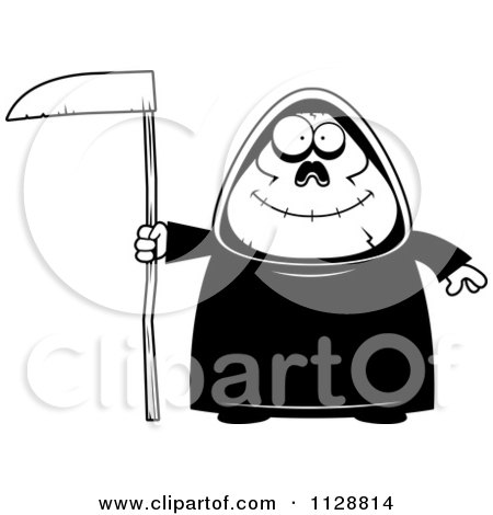 Cartoon Of A Black And White Happy Chubby Grim Reaper - Vector Clipart by Cory Thoman