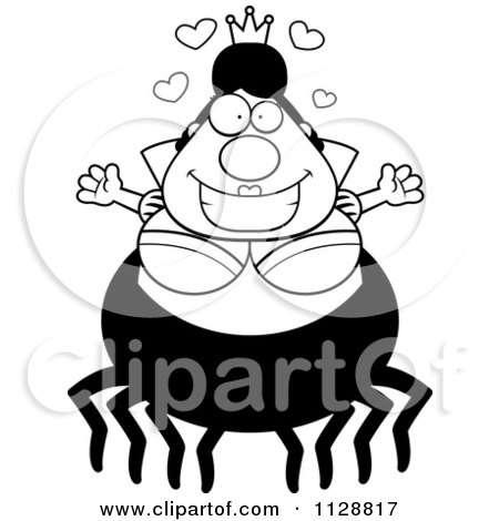 Cartoon Of A Black And White Chubby Spider Queen With Open Arms - Vector Clipart by Cory Thoman