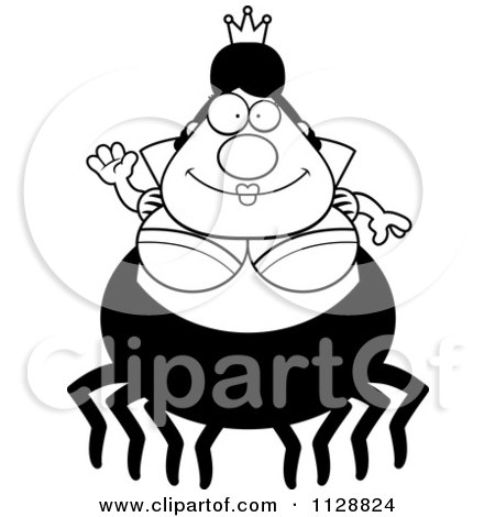 Cartoon Of A Black And White Waving Chubby Spider Queen - Vector Clipart by Cory Thoman