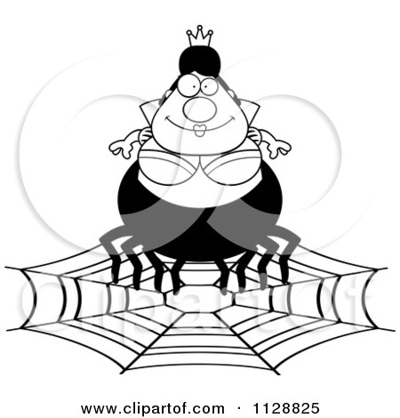 Cartoon Of A Black And White Chubby Spider Queen On A Web - Vector Clipart by Cory Thoman