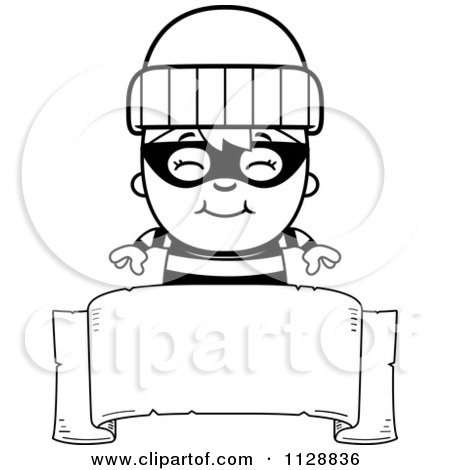 Cartoon Of A Black And White Happy Robber Boy Over A Banner Sign - Vector Clipart by Cory Thoman
