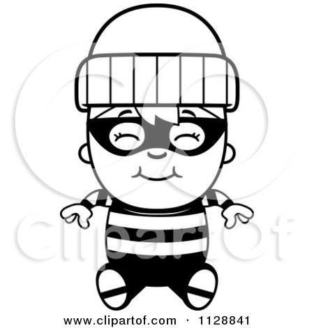 Cartoon Of A Black And White Happy Robber Boy Sitting - Vector Clipart by Cory Thoman