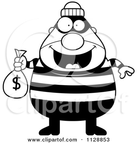 Cartoon Of A Black And White Happy Chubby Burglar Or Robber Man Holding A Money Bag - Vector Clipart by Cory Thoman
