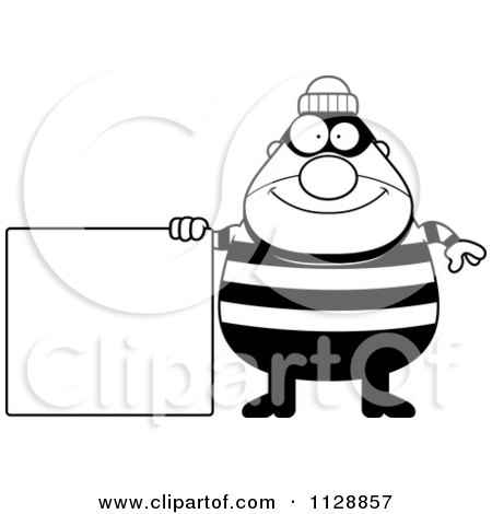 Cartoon Of A Black And White Happy Chubby Burglar Or Robber Man With A Sign - Vector Clipart by Cory Thoman