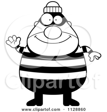 Cartoon Of A Black And White Happy Chubby Burglar Or Robber Man Waving - Vector Clipart by Cory Thoman