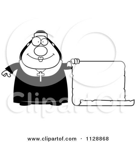 Cartoon Of A Black And White Nun In Her Habit By A Scroll Sign - Vector Clipart by Cory Thoman