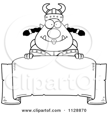 Cartoon Of A Black And White Chubby Ogre Woman Over A Banner Sign - Vector Clipart by Cory Thoman