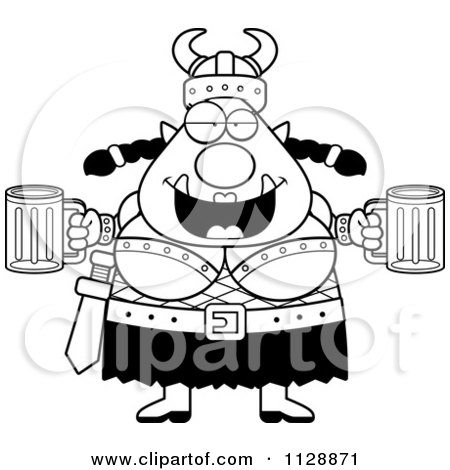 Cartoon Of A Black And White Chubby Ogre Woman With Beer - Vector Clipart by Cory Thoman