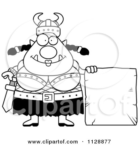 Cartoon Of A Black And White Chubby Ogre Woman With A Stone Sign - Vector Clipart by Cory Thoman