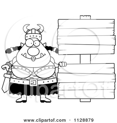 Cartoon Of A Black And White Chubby Ogre Woman With A Wood Sign - Vector Clipart by Cory Thoman