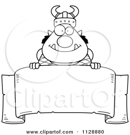 Cartoon Of A Black And White Chubby Ogre Man Over A Banner Sign - Vector Clipart by Cory Thoman