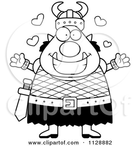Cartoon Of A Black And White Chubby Ogre Man With Open Arms - Vector Clipart by Cory Thoman