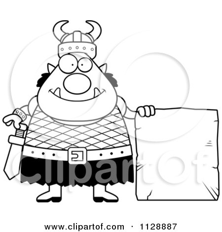 Cartoon Of A Black And White Chubby Ogre Man With A Stone Sign - Vector Clipart by Cory Thoman