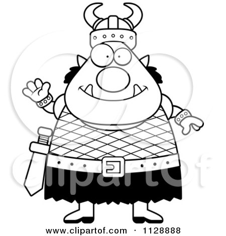 Cartoon Of A Black And White Chubby Ogre Man Waving - Vector Clipart by Cory Thoman