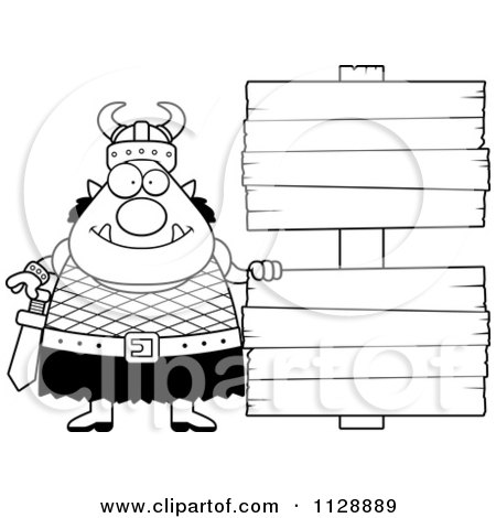 Cartoon Of A Black And White Chubby Ogre Man With A Wood Sign - Vector Clipart by Cory Thoman