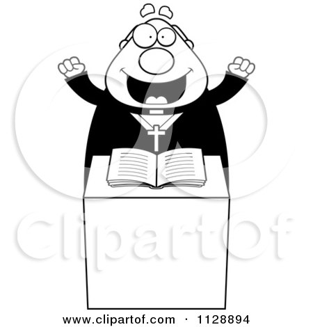 Cartoon Of A Black And White Excited Priest At The Pulpit - Vector Clipart by Cory Thoman