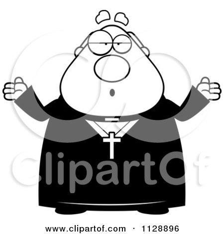 Cartoon Of A Black And White Careless Shrugging Priest - Vector Clipart by Cory Thoman