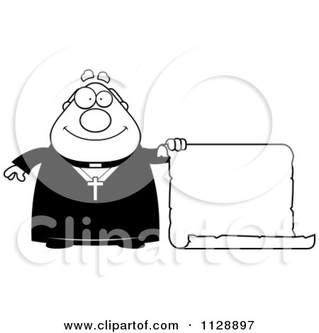 Cartoon Of A Black And White Priest Holding A Scroll Sign - Vector Clipart by Cory Thoman