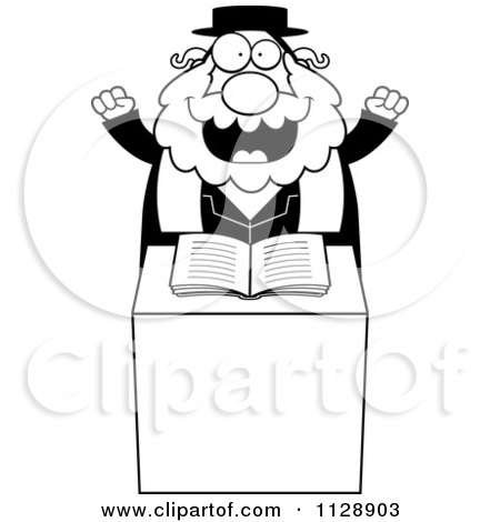 Cartoon Of A Black And White Excited Rabbi At The Pulpit - Vector Clipart by Cory Thoman