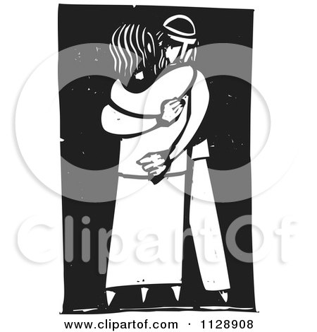 Clipart Of A Woodcut Of A Couple Hugging In Black And White - Royalty Free Vector Illustration by xunantunich