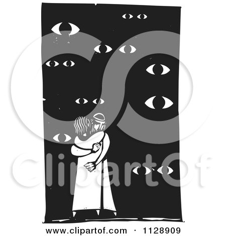 Clipart Of A Woodcut Of Eyes Watching A Couple Hugging In Black And White - Royalty Free Vector Illustration by xunantunich