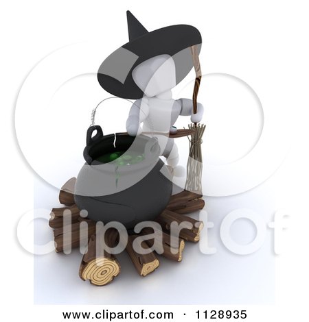 Clipart Of A 3d White Character Halloween Witch By A Cauldron - Royalty Free CGI Illustration by KJ Pargeter