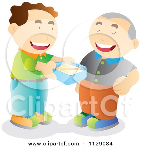 Cartoon Of A Friendly Man Offering To Share His Lunch With A Friend - Royalty Free Vector Clipart by YUHAIZAN YUNUS