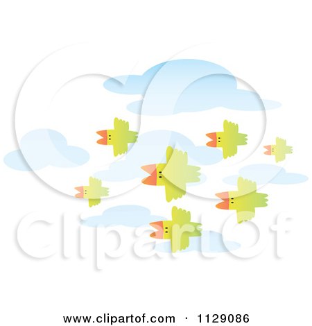 Cartoon Of Green Birds Flying In Formation Over Clouds - Royalty Free Vector Clipart by YUHAIZAN YUNUS