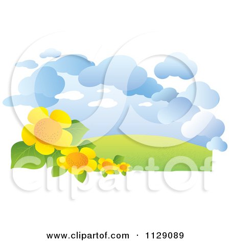 Cartoon Of A Landscape With Flowers Hills And Clouds - Royalty Free Vector Clipart by YUHAIZAN YUNUS