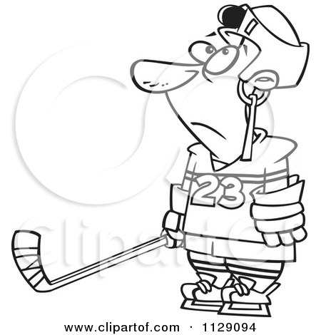 Cartoon Of An Outlined Hockey Player With A Puck Stuck In His Helmet - Royalty Free Vector Clipart by toonaday