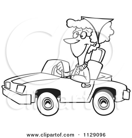 Cartoon Of An Outlined Senior Woman Driving A Convertible Car - Royalty Free Vector Clipart by toonaday