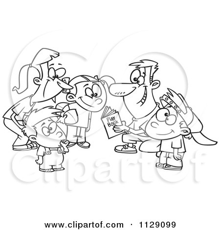 Cartoon Of An Outlined Huddling Family Going Over A Football Play Book - Royalty Free Vector Clipart by toonaday