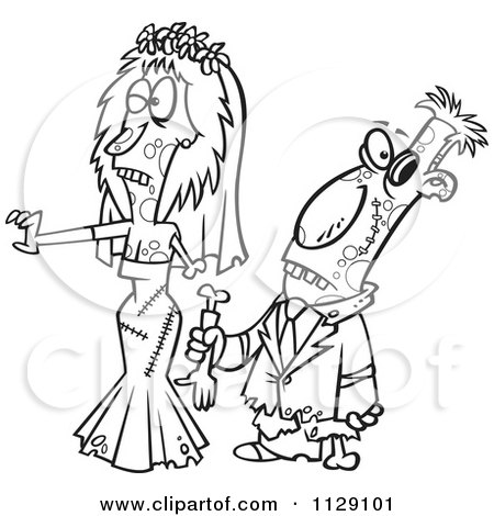 Cartoon Of An Outlined Zombie Wedding Bride And Groom Couple - Royalty Free Vector Clipart by toonaday