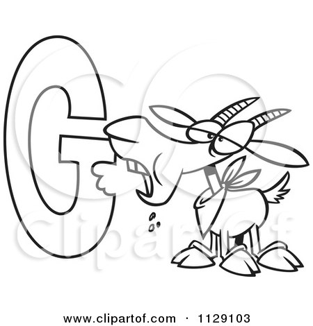 Cartoon Of An Outlined Goat Eating The Letter G - Royalty Free Vector Clipart by toonaday