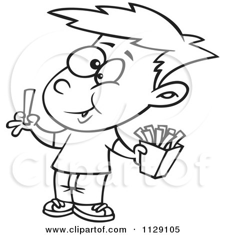 Cartoon Of An Outlined Happy Boy Eating French Fries - Royalty Free Vector Clipart by toonaday