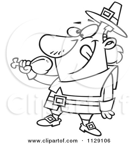 Cartoon Of An Outlined Hungry Thanksgiving Pilgrim Eating A Drumstick - Royalty Free Vector Clipart by toonaday