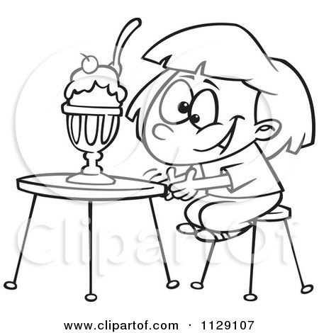 Cartoon Of An Outlined Excited Girl With An Ice Cream Sundae - Royalty Free Vector Clipart by toonaday
