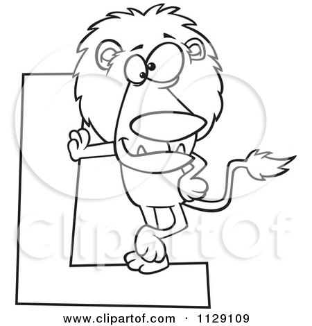 Cartoon Of An Outlined Lion Leaning On A Letter L - Royalty Free Vector Clipart by toonaday