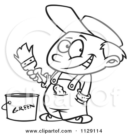 Cartoon Of An Outlined Boy Painting A Wall - Royalty Free Vector Clipart by toonaday