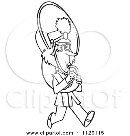 Cartoon Of An Outlined Marching Band Tuba Player Girl - Royalty Free Vector Clipart by toonaday