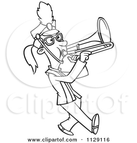 Cartoon Of An Outlined Marching Band Trombone Player Girl - Royalty Free Vector Clipart by toonaday