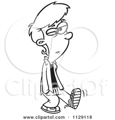 Cartoon Of An Outlined Teenage Boy Walking With His Hands In His Pockets - Royalty Free Vector Clipart by toonaday