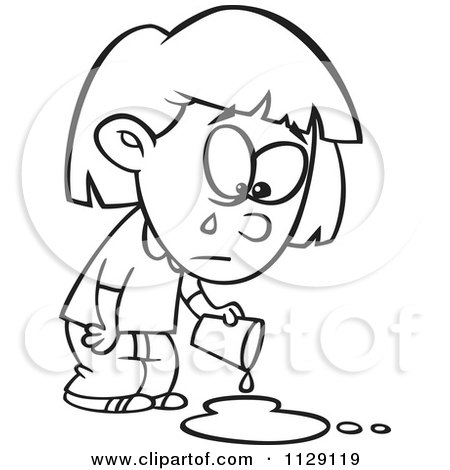 Cartoon Of An Outlined Girl Crying Over A Spilled Drink - Royalty Free Vector Clipart by toonaday