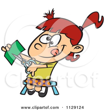 Cartoon Of A Girl Cutting With Scissors - Royalty Free Vector Clipart by toonaday
