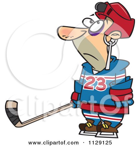 Cartoon Of A Hockey Player With A Puck Stuck In His Helmet - Royalty Free Vector Clipart by toonaday