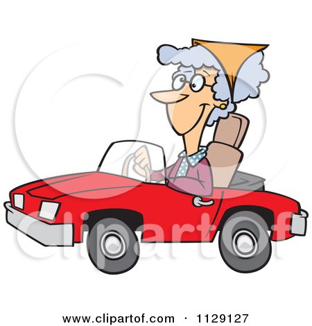 Cartoon Of An Old Lady Driving A Red Convertible Car - Royalty Free Vector Clipart by toonaday