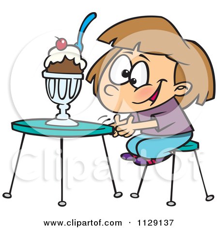 Cartoon Of An Excited Girl With An Ice Cream Sundae - Royalty Free Vector Clipart by toonaday