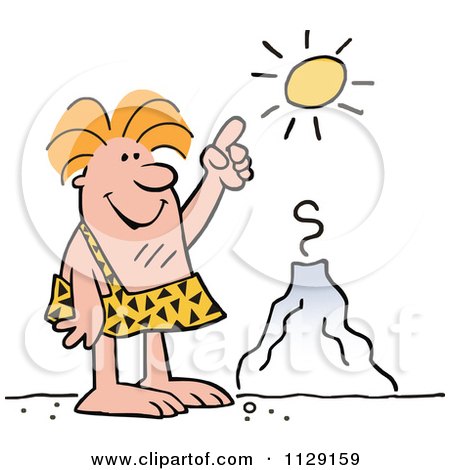 Cartoon Of A Happy Caveman Pointing To A Sun Over A Volcano - Royalty Free Vector Clipart by Johnny Sajem
