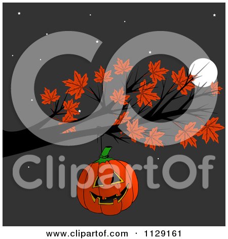 Cartoon Of A Halloween Jackolantern Pumpkin Hanging From An Autumn Maple Tree Branch At Night - Royalty Free Clipart by djart