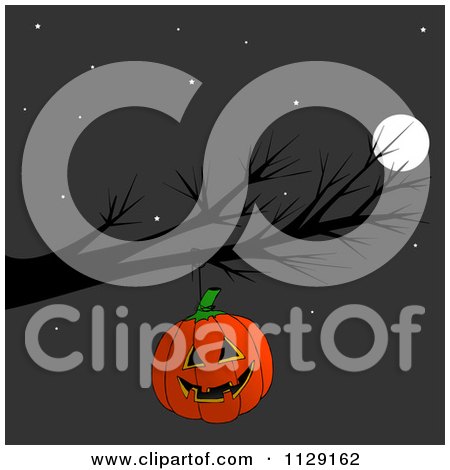 Cartoon Of A Halloween Jackolantern Pumpkin Hanging From A Bare Tree Branch At Night - Royalty Free Clipart by djart
